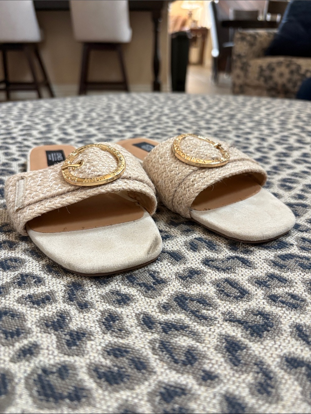 Jones New York Woven Neutral Slide Sandals with Gold Accent
